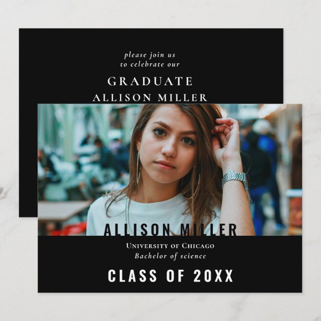 Invitación Black Modern Typography Photo Graduation Party (Anverso / Reverso)