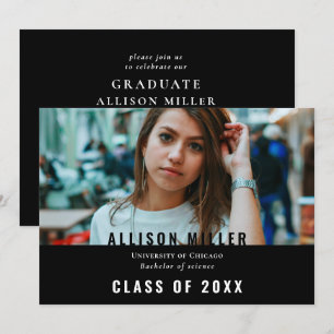 Invitación Black Modern Typography Photo Graduation Party