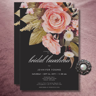 Invitación Black Moody Pink Rubor Blooms Bridal Luncheon