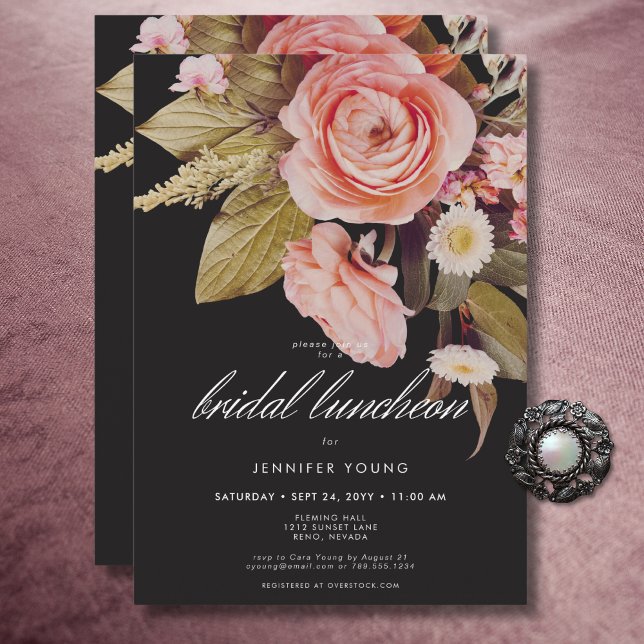 Invitación Black Moody Pink Rubor Blooms Bridal Luncheon (Black Moody Pink Blush Blooms Bridal Luncheon Invitation)