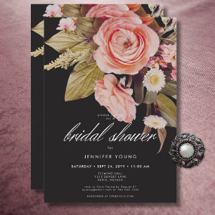Invitación Black Moody Pink Rubor florece con ducha de novias