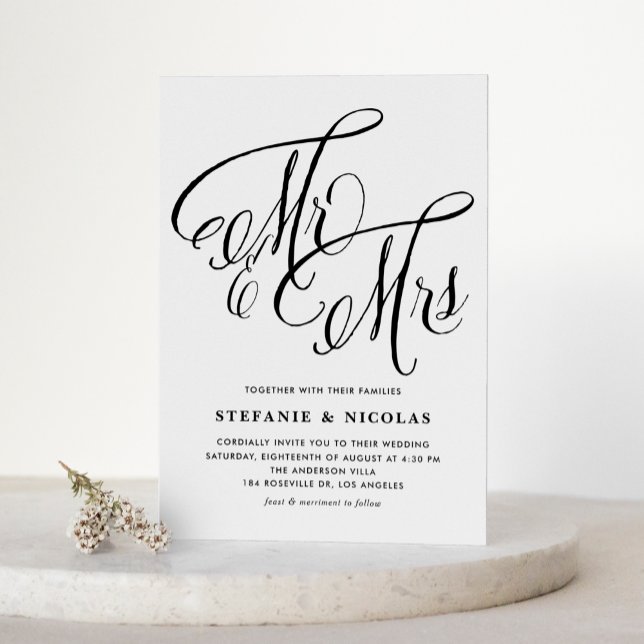 Invitación Black Mrs & Mrs Rustic Script QR Code Boda (Black Mrs and Mrs Rustic Calligraphy QR Code Wedding Invitation)