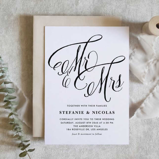 Invitación Black Mrs y Mrs Rustic Script Boda (Black Mr. and Mrs. Rustic Calligraphy Wedding Invitation)