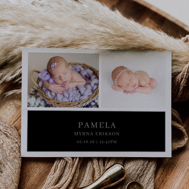 Invitación Black Muted Gray Chic Baby Photo Announcement Card (Subido por el creador)