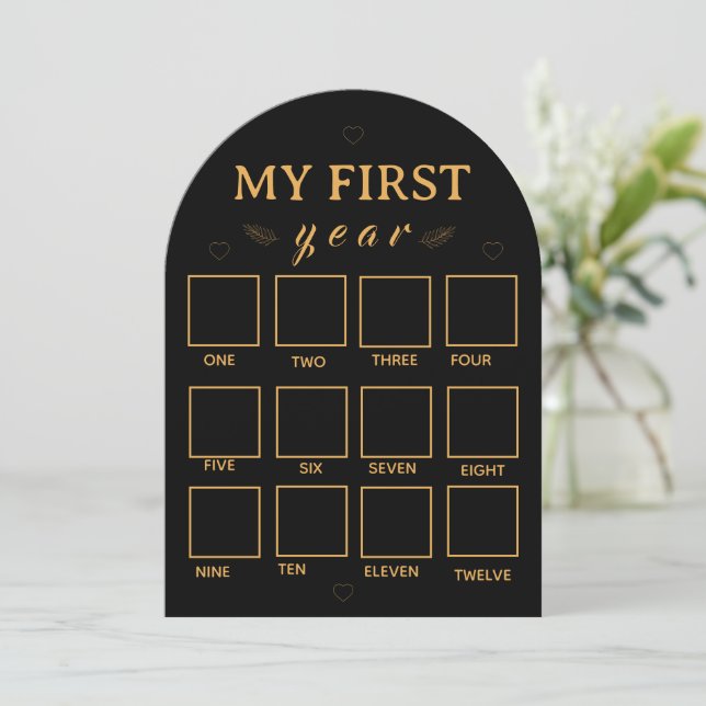 Invitación Black my first year photo frame template (Anverso de pie)
