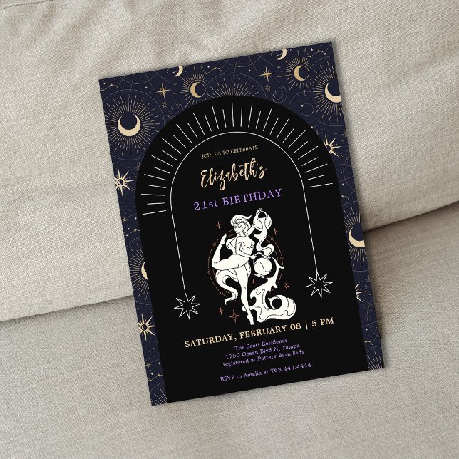 Invitación Black Mystic Aquarius Zodiac 21º cumpleaños (Black Mystic Aquarius Zodiac 21st Birthday Invitation)