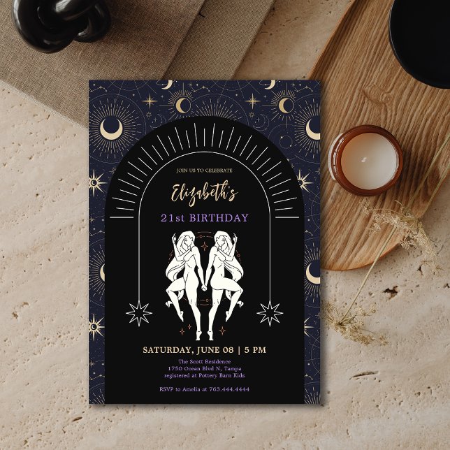 Invitación Black Mystic Gemini Zodiac 21º cumpleaños (Black Mystic Gemini Zodiac 21st Birthday Invitation)