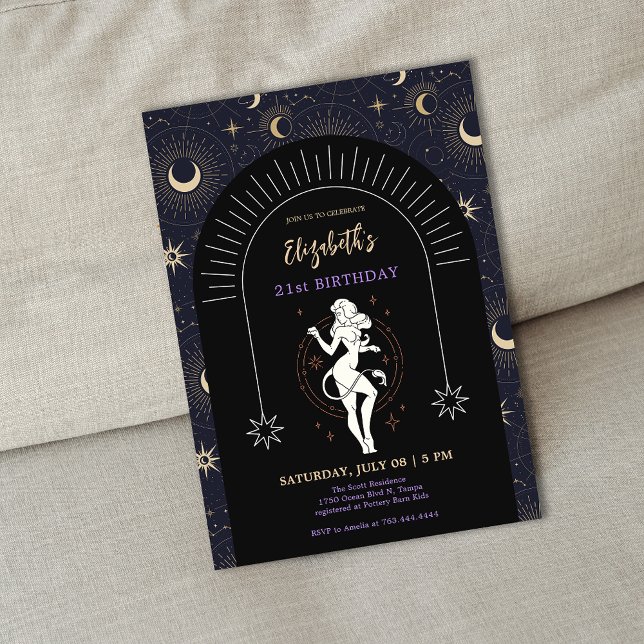 Invitación Black Mystic Leo Zodiac cumpleaños 21 (Black Mystic Leo Zodiac 21st Birthday Invitation)