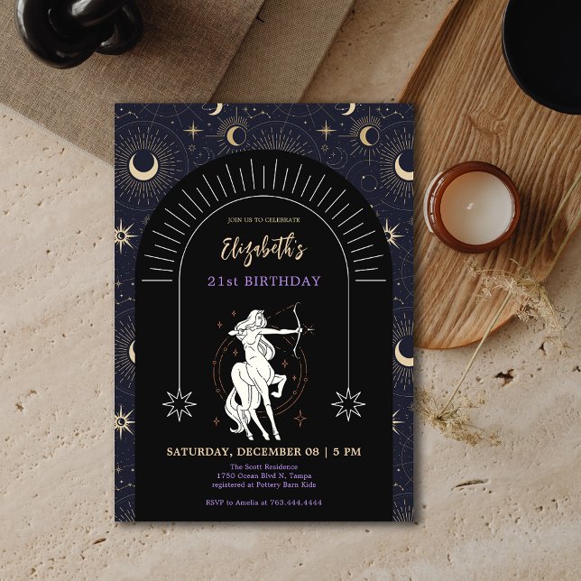 Invitación Black Mystic Sagittarius Zodiac 21º cumpleaños (Black Mystic Sagittarius Zodiac 21st Birthday Invitation)