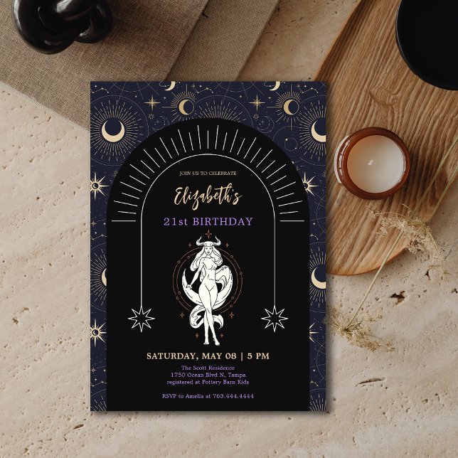 Invitación Black Mystic Taurus Zodiac 21º cumpleaños (Black Mystic Taurus Zodiac 21st Birthday Invitation)