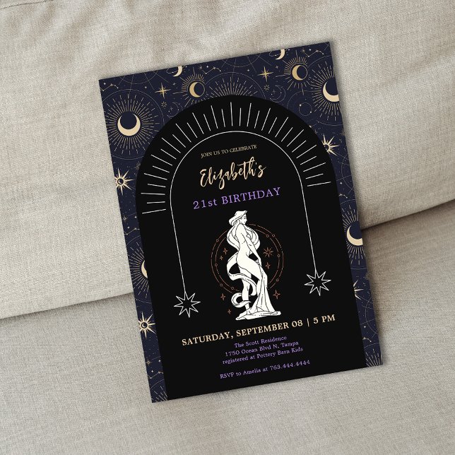 Invitación Black Mystic Virgo Zodiac 21º cumpleaños (Black Mystic Virgo Zodiac 21st Birthday Invitation)