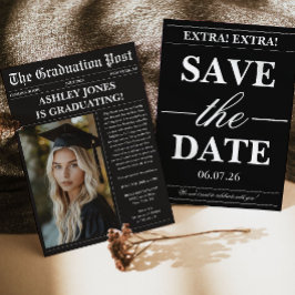 Invitación Black Newspaper Photo Graduation 