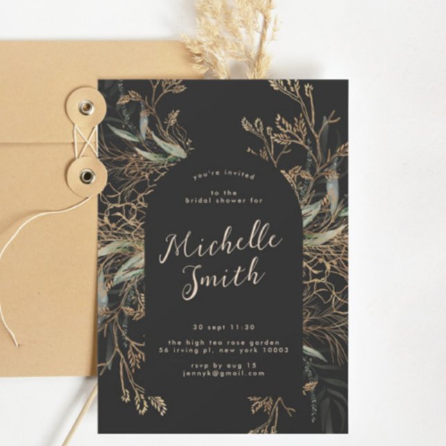 Invitación Black Onyx Modern Gold Boho Leafy Bridal Shower (Subido por el creador)