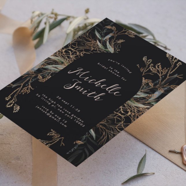 Invitación Black Onyx Modern Gold Boho Leafy Bridal Shower (Subido por el creador)