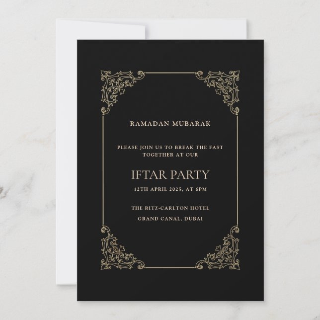 Invitación Black Opulent Baroque Frame Script Iftar Party (Anverso)