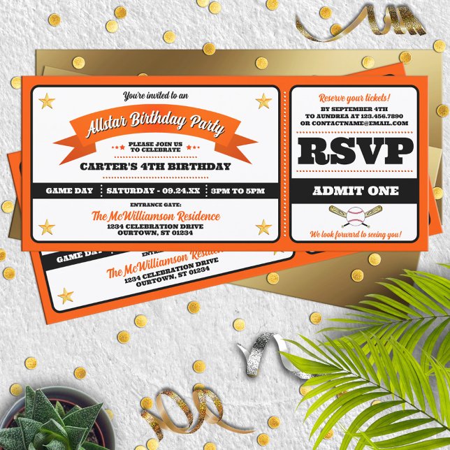 Invitación Black & Orange Baseball Allstar Ticket Birthday (Subido por el creador)
