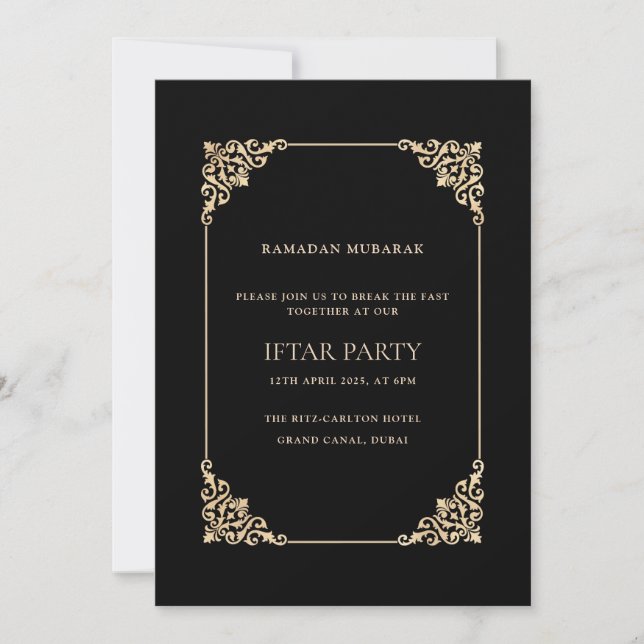 Invitación Black Ornate Baroque Gold Script Iftar Party (Anverso)