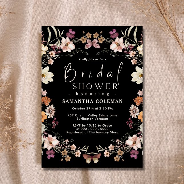 Invitación Black Pastel Boho Wildflower Moderno Ducha nupcial (Subido por el creador)