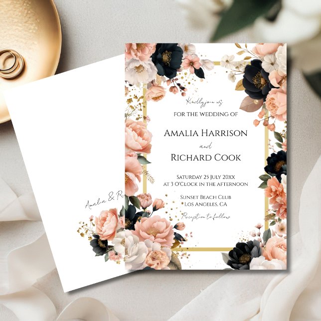 Invitación Black Peach Gold Floral Customizable Wedding  (Subido por el creador)