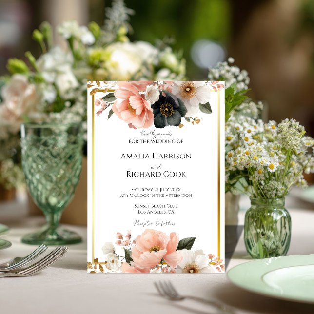 Invitación Black Peach Gold Floral Customizable Wedding  (Subido por el creador)