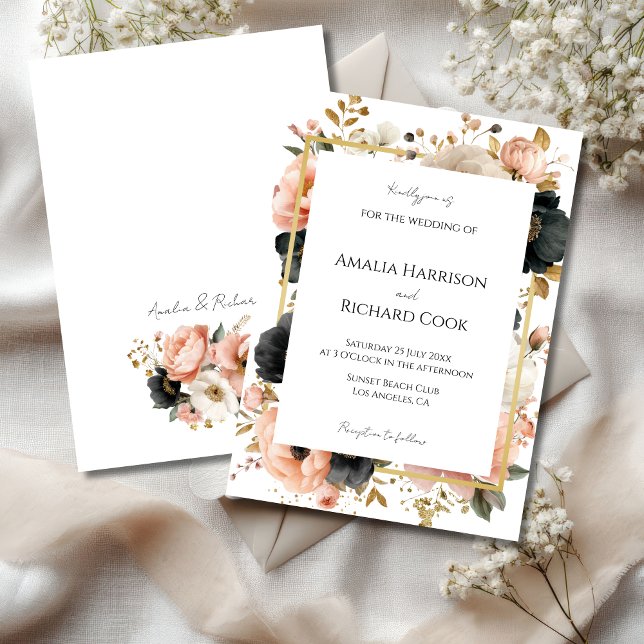 Invitación Black Peach Gold Floral Customizable Wedding  (Subido por el creador)