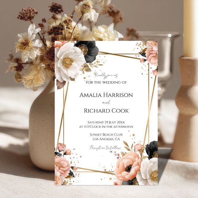 Invitación Black Peach Gold Floral Customizable Wedding  (Subido por el creador)