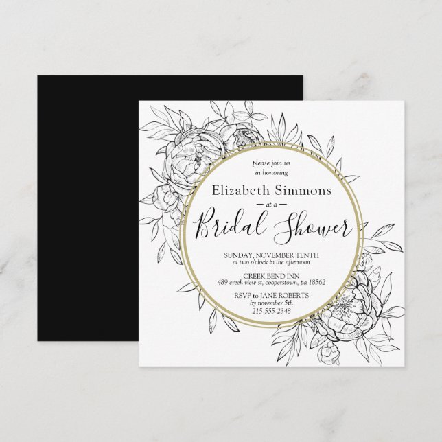 Invitación Black Peony Modern Floral Toile Bridal Shower (Anverso / Reverso)