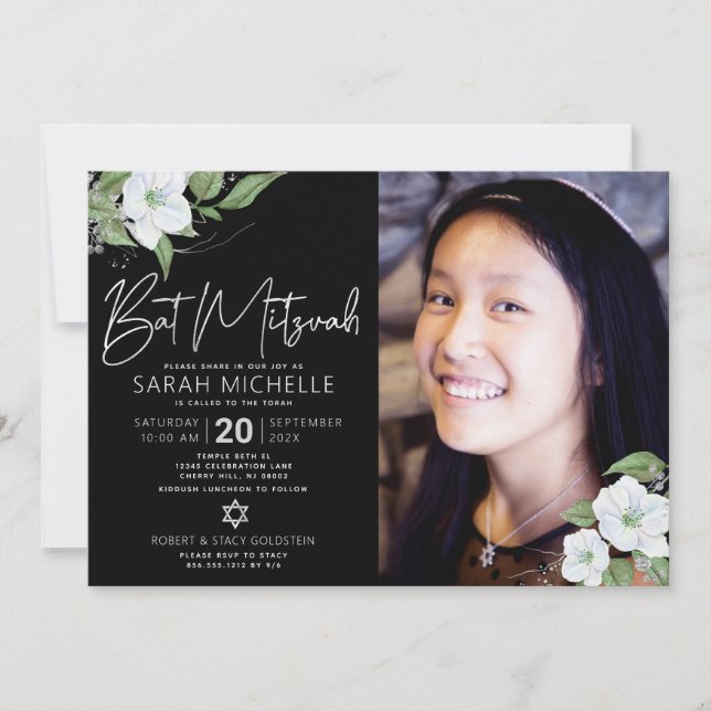Invitación Black Photo Bat Mitzvah Silver Floral Watercolor (Anverso)