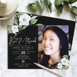Invitación Black Photo Bat Mitzvah Silver Floral Watercolor<br><div class="desc">Estar orgulloso, regocijarse y mostrar este hito de su Bat Mitzvah favorito con esta sofisticada y personalizada invitación fotográfica! Una moda, impresionante, blanca y falsa purpurina plateada color de agua floral, imitación de la tipografía de la escritura de Relieve metalizado plateado y tipo serif blanco superponen un dramático fondo negro...</div>