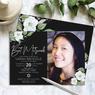 Invitación Black Photo Bat Mitzvah Silver Floral Watercolor