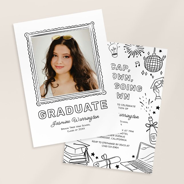 Invitación Black Photo Doodle Graduation Invite Announcement (Subido por el creador)