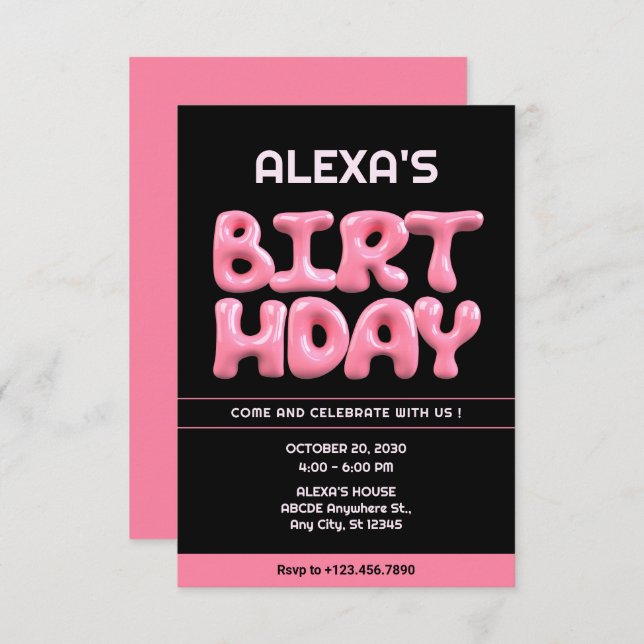 Invitación Black Pink 3d chicle de cumpleaños  (Anverso / Reverso)