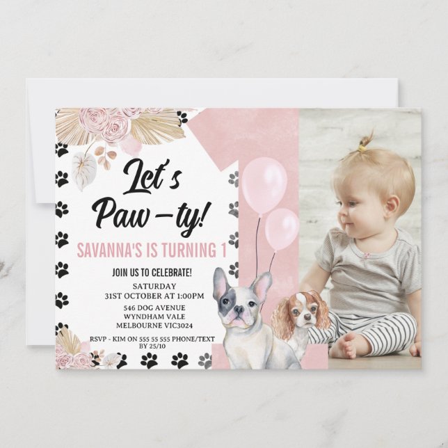 Invitación Black Pink Dog Paw-ty Boho Floral 1er cumpleaños (Anverso)