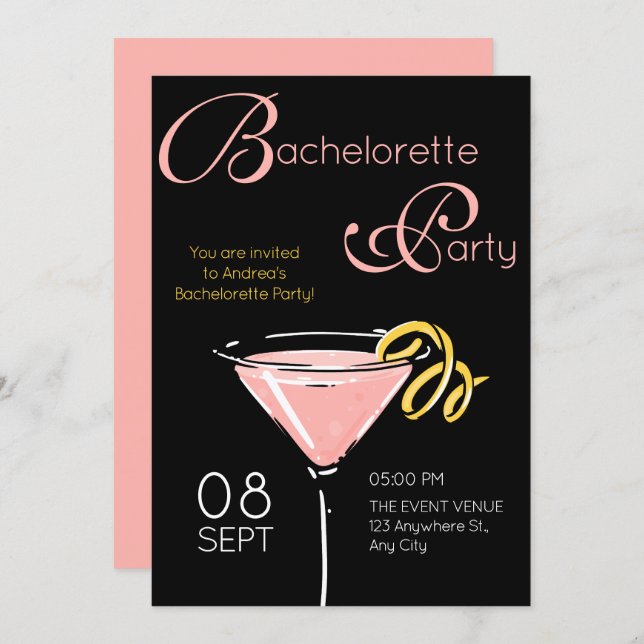 Invitación Black pink fancy cocktail bachelorette (Anverso / Reverso)