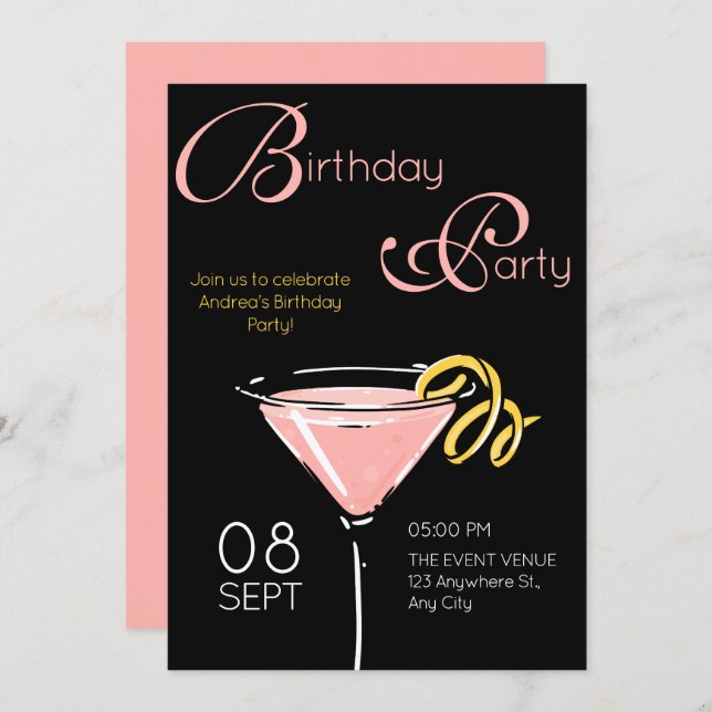 Invitación Black pink fancy cocktail birthday (Anverso / Reverso)