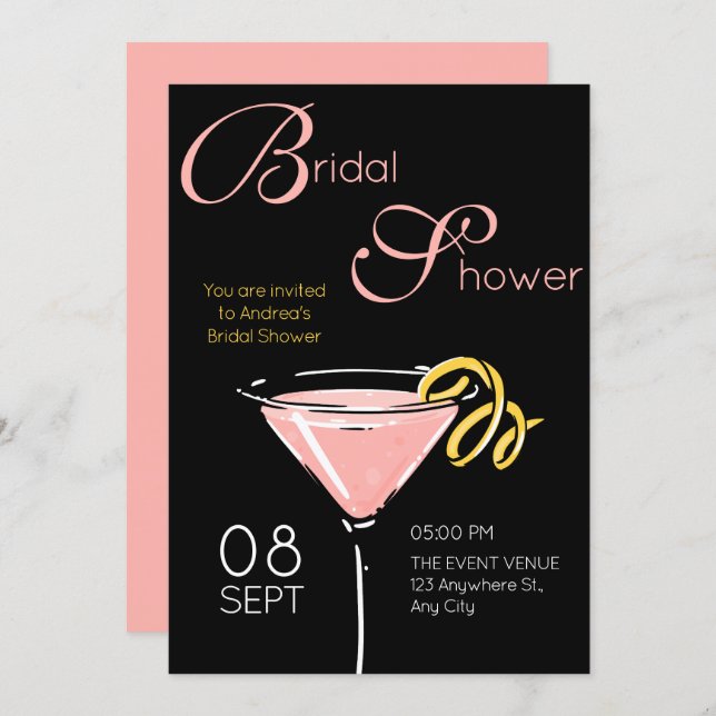 Invitación Black pink fancy cocktail bridal shower (Anverso / Reverso)