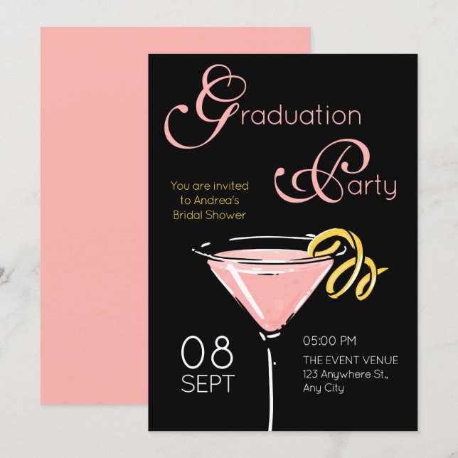 Invitación Black pink fancy cocktail graduation (Anverso / Reverso)