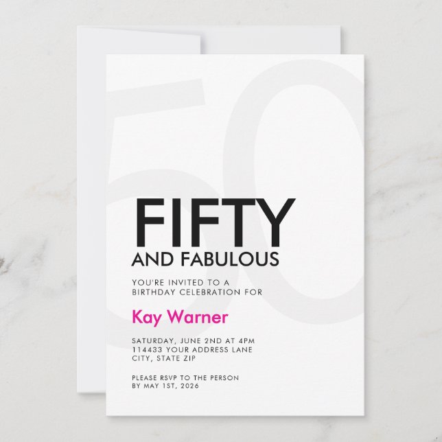 Invitación Black Pink Fifty and Fabulous 50th Birthday (Anverso)