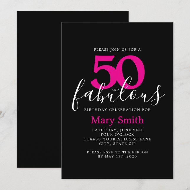 Invitación Black Pink Fifty and Fabulous 50th Birthday Party (Anverso / Reverso)