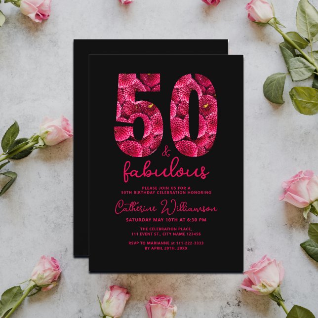 Invitación Black Pink Floral 50 y fabulosa fiesta de cumpleañ (Add your details to personalize your event, see the collection for other matching items.)