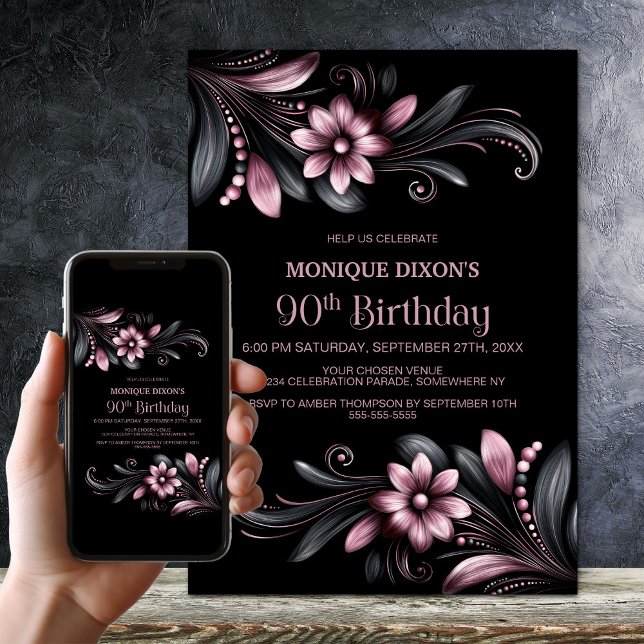 Invitación Black Pink Floral 90th Birthday Party (Subido por el creador)