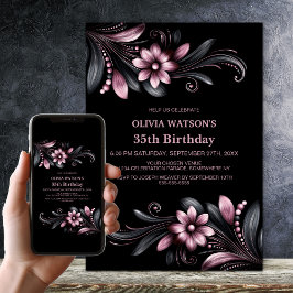 Invitación Black Pink Floral Birthday Party