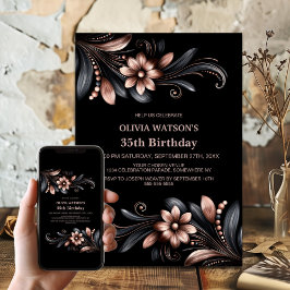 Invitación Black Pink Floral Birthday Party