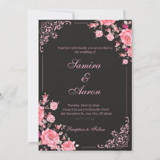 Invitación Black & Pink Floral Wedding Invitation