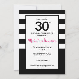 Invitación Black, Pink, franjas blancas, fiesta de cumpleaños