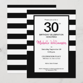 Invitación Black, Pink, franjas blancas, fiesta de cumpleaños