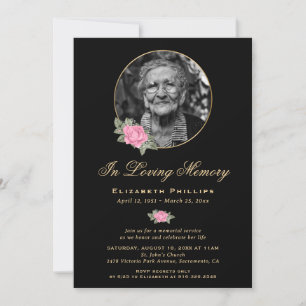 Invitación Black Pink Gold Floral Photo Memorial Service