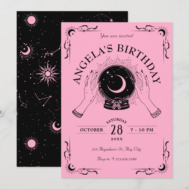 Invitación Black pink magia luna crystal ball (Anverso / Reverso)