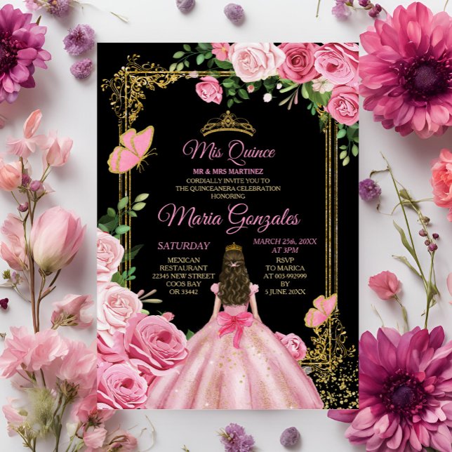 Invitación Black Pink Mis Quince 15 Anos Butterfly Gold Crown (Subido por el creador)