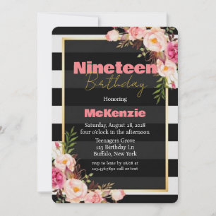 Invitación Black Pink Peony Gold Chica 19th Birthday Party
